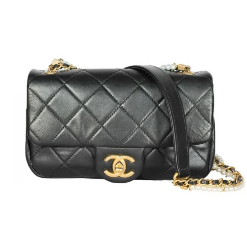 Chanel Quilted Calfskin Crystal Pearls Chain Flap Small Black