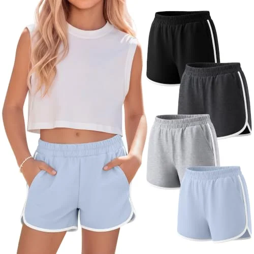 Langyiwee 4 Pack Girls' Athletic Shorts 5-16Y, 4-Color, 13-14 Years