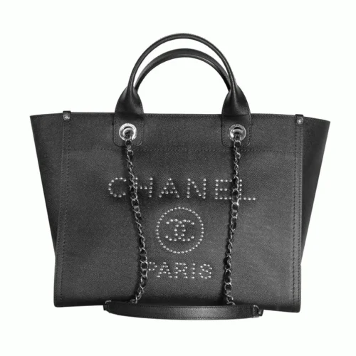 Chanel Studded Pebbled Calfskin Deauville Tote Medium Black