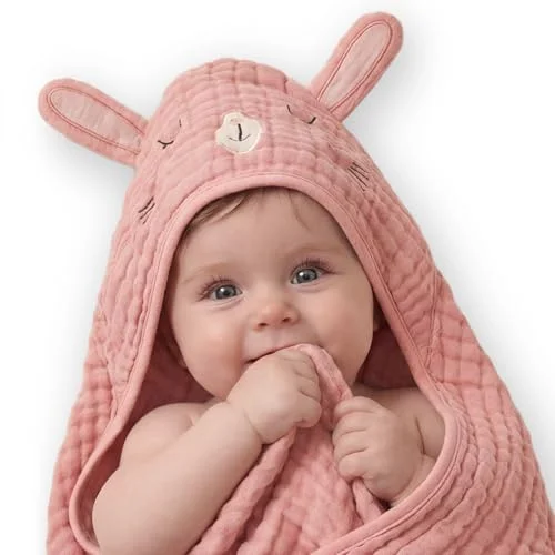 Blissful Diary Muslin Baby Hooded Towel 1 Pack, Soft & Absorbent Bath Towel for Baby Girls, Infant Gift, Newborn Essentials, Sweet Bunny