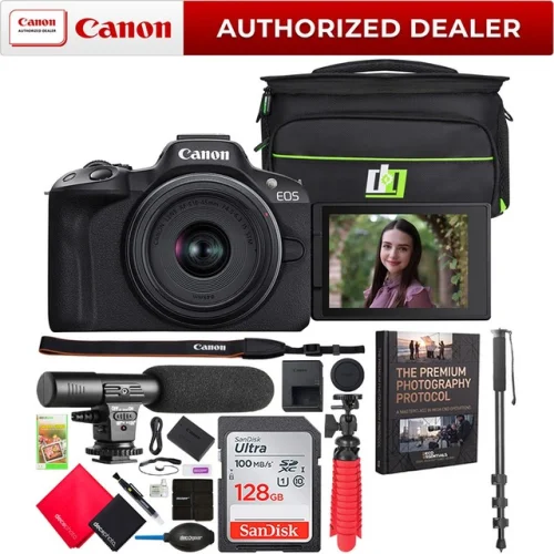 Canon EOS R50 Mirrorless Camera Black + 18-45mm F4.5-6.3 IS STM Lens Pro Bundle