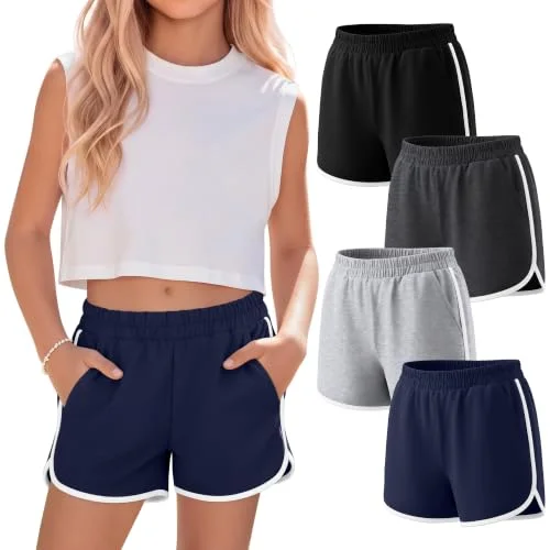 Langyiwee 4 Pack Girls' Athletic Shorts 5-16Y, 4-Color, 11-12 Years