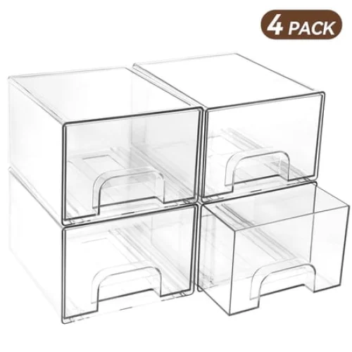 4 Pack Stackable Clear Acrylic Storage Drawers,4.4'' Tall Plastic Organizer Bins for Makeup,Bathroom,Countertop,Office,Beauty Supplies