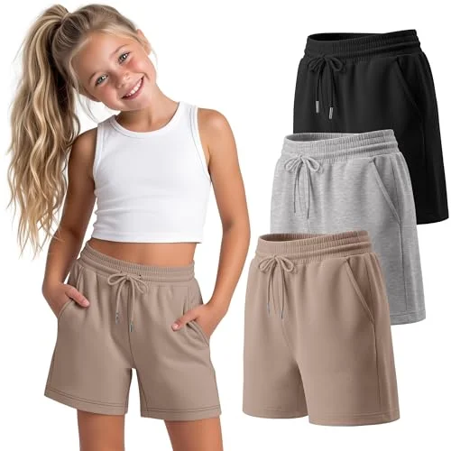 YooAurvox 3 Pack Girls Shorts Athletic Sport Summer Casual Basic Elastic Waist Drawstring Sweat Shorts with Pockets(Khaki, Light Heather Gray, Black,11-12 Years)