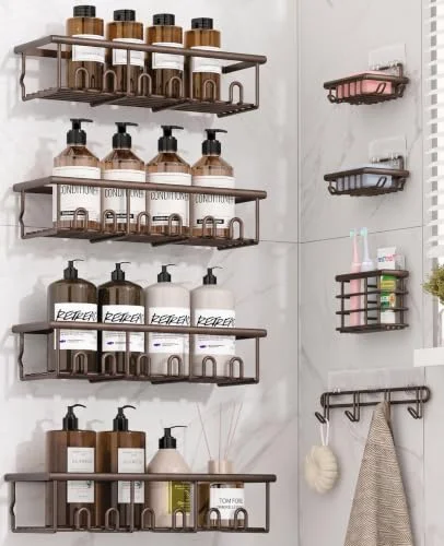 Zeawec 8 Pack Adhesive Rustproof Shower Caddy with Soap Dishes, Toothbrush Holder & Hooks, Large Capacity No-Drilling Shower Shelves Rack for Bathroom Organizers and Storage Accessories, Brown