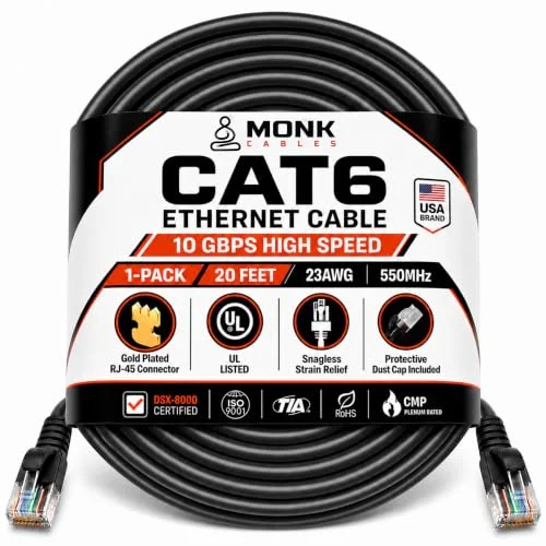 MONK CABLES | CAT 6 LAN Ethernet Cable 20 ft | CAT6 RJ45 Patch Cable | Black | Solid CCA, RJ45 Connectors, High Speed Ethernet Cable-Use for Gaming, PS5, Laptop, Xbox, PC and Business