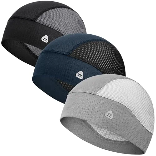YANIKY Cooling Skull Caps for Men, Breathable Mesh Helmet Liner Sport Skull Caps for Women Sweat Caps Lightweight Cycling Cap (Black+Gray+Navy Blue)