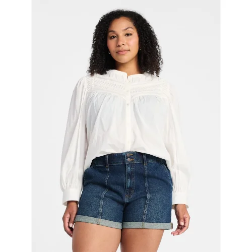 Time and Tru Women's Textured Yoke Cotton Blouse with Long Puff Sleeves, Sizes XS-XXXL