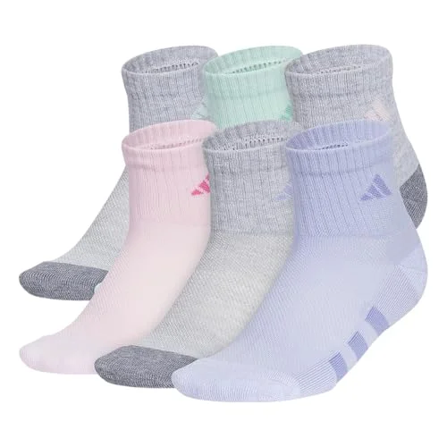 adidas Kids Cushioned Quarter Ankle Socks for Boys and Girls (6 Pairs) Durable & Comfortable, Cool Light Heather/Grey/Semi Flash Aqua Blue/Girls, M