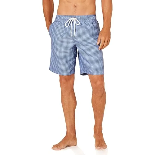 Amazon Essentials Men's 9" Breathable Swim Trunks with Mesh Lining, Elastic Waist, Pockets, Drawstring Closure, Blue Geometric Print, Large