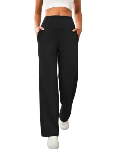DLOODA Womens Wide Leg Yoga Pants High Waisted Trousers with Pockets Black