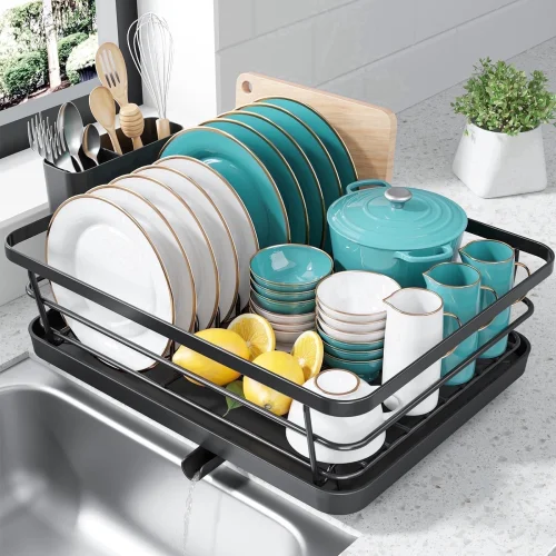 Sakugi Dish Drying Rack, Compact Dish Racks for Kitchen Counter, 15''L x 12''W x 5''H , Black