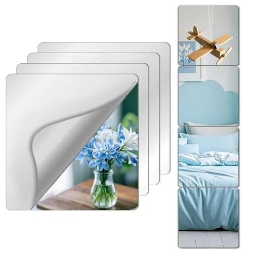 Unbreakable Mirror Tiles, 4PCS 8&rdquo;x8&rdquo; Peel And Stick on Mirror for Wall Mirrors Decorative, Toddlers for Kids Bedroom, Plastic Gym Frameless Door Small Adhesive Mirrors for Classroom Decor Stickers