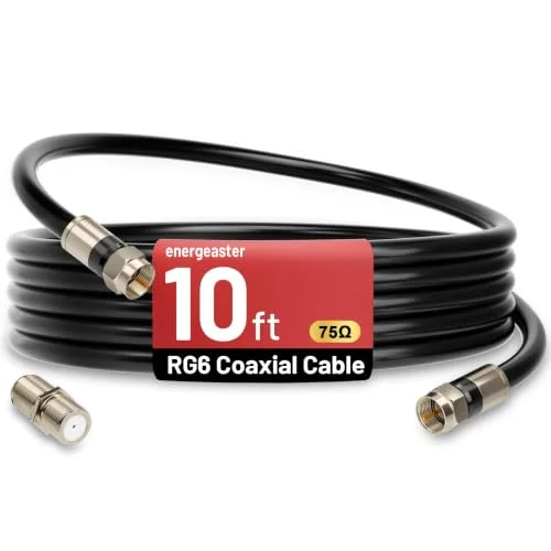 energeaster 10FT RG6 Coaxial Cable with F-Type Connector, Black Coax Cable
