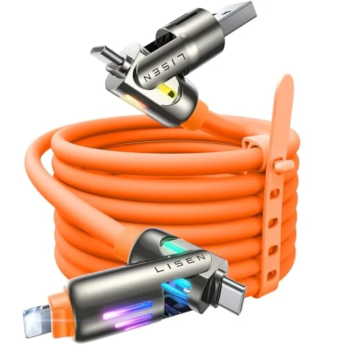 LISEN USB C to Lightning Cable, 240W 4 in 1 Charging Cable 6.6FT, Chubby USB A/C to C/Lightning with Light for iPhone Charger Fast Charging iPhone Air 17 16 15 14 Pro/MacBook/iPad, Orange