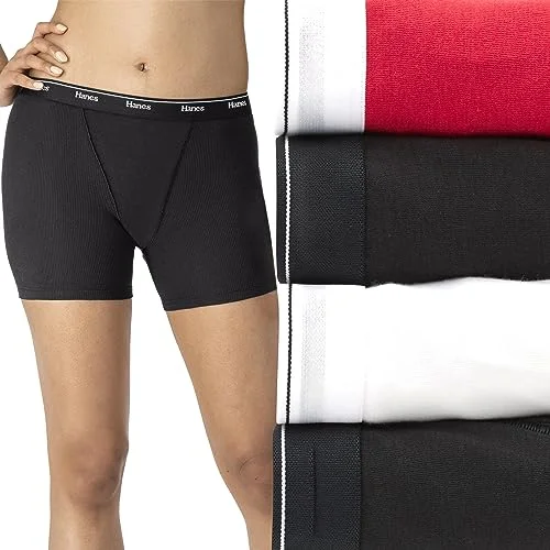 Hanes Women's Originals Mid-Thigh Boxer Brief Pack, Stretch Cotton Panties, Assorted, 4-Pack
