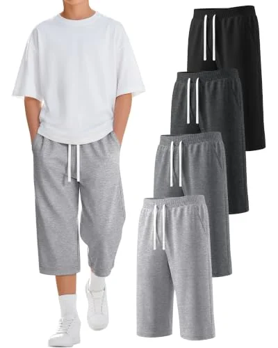 Halfchet 4 Pack Boys Wide Leg Capri Pants 7-16Y, 4-Color, 11-12 Years