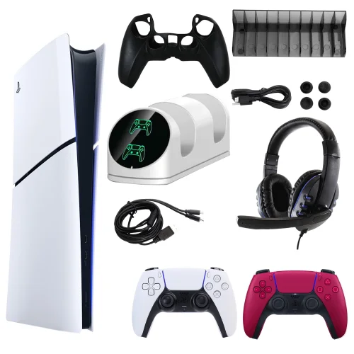 Sony PlayStation 5 Slim Digital Console with Extra Red Dualsense Controller and Accessories Kit (PS5, PlayStation Digital Version)