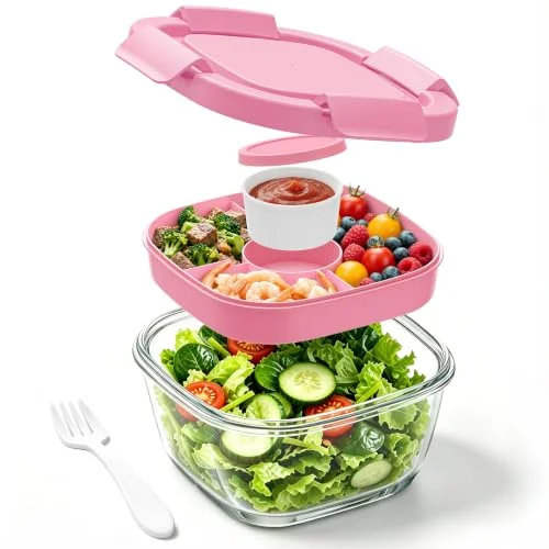 Glass Salad Container,56oz Salad Bowl To Go for Lunch with Airtight Lid,Leak-Proof Sauce Container,4-Compartment Bento Tray & Reusable Fork - BPA-Free Glass Lunch Box for Meal Prep,Office（Pink）
