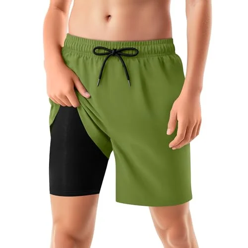 Vinsatin Boys Swim Trunks Compression Liner, Grass Green, 13-14 Years