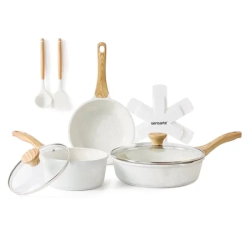 SENSARTE Ceramic Nonstick Pots and Pans Set, 10Pcs Healthy Non Stick Cookware Set with Pots Protectors, Induction Kitchen Cookware Sets, Dishwasher Safe White
