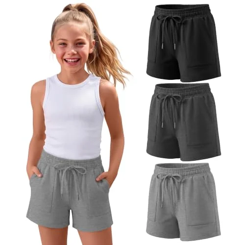 Xaatren 3 Pack Girls Athletic Sweat Shorts, 3-Color, 13-14 Years