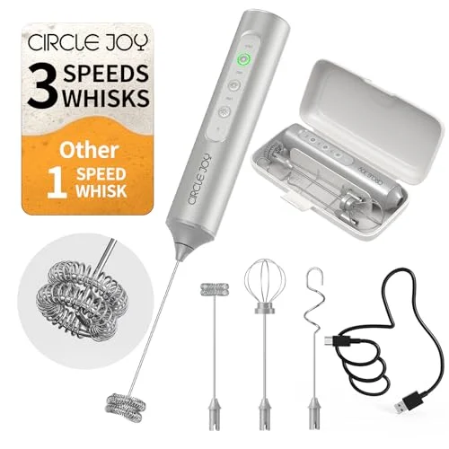 CIRCLE JOY Rechargeable Handheld Milk Frother Wand with 3 Variable Speeds, 3 Whisks and Storage Box, Electric Drink Mixer for Latte, Cappuccino, Hot Chocolate, Eggs and Protein Powder, Silver