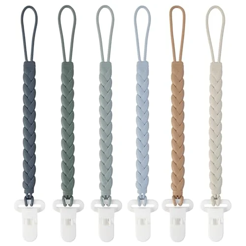 6-Pack Silicone Pacifier Clips with a Woven Rope Shape for Baby Boys and Girls - Flexible and Rust-Free Holders for Teething Relief and Baby Essentials, Safe for Newborns (Grey)