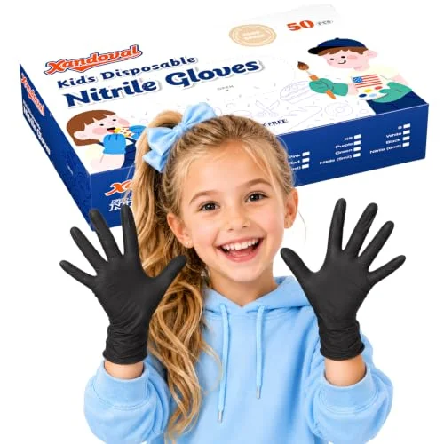 Xandoval Kids Disposable Gloves, 5-Mil Safe Black Nitrile, Small, 50Ct