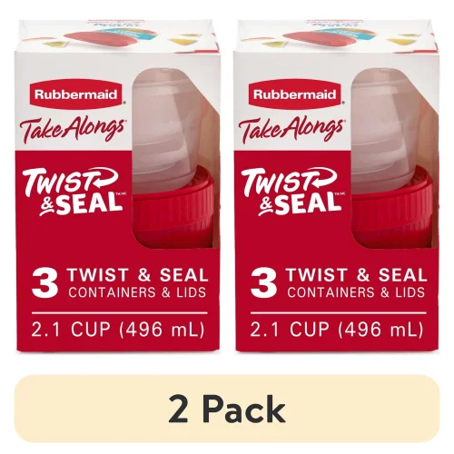 (2 pack) Rubbermaid TakeAlongs Twist & Seal 2.1 Cup Food Storage Containers, Ruby, 3-Pack