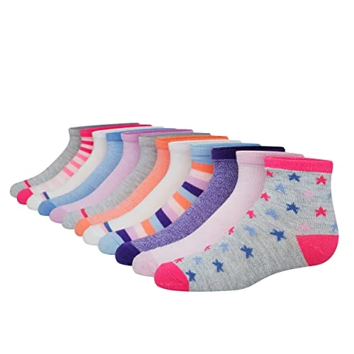 Hanes Girls' Fashion Ankle Socks, Assorted 12-Pairs Pack, Multi-Pack No-Show Socks for Girls, Patterned Ankle Socks Multi-Pack