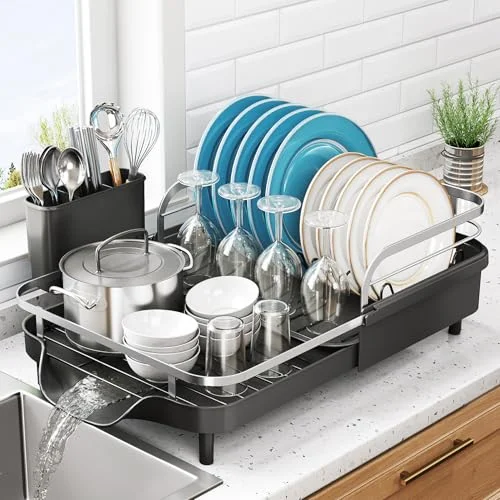 SNTD Expandable Dish Drying Rack for Kitchen Counter, 15.2-22.1 in, Black