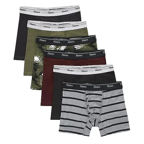 Hanes Boys' Originals Boxer Briefs Underwear Pack, Olive Palm Print & Assorted, 6-Pack