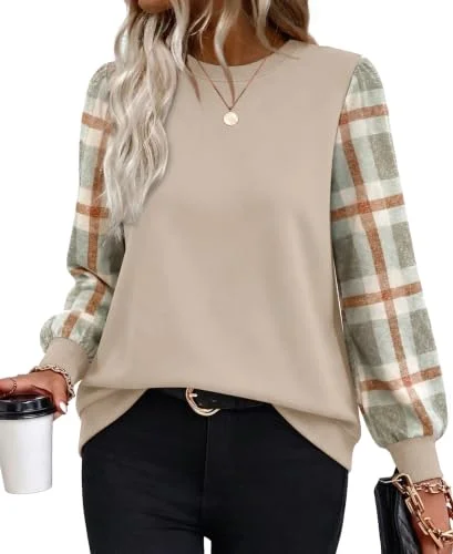 OFEEFAN Womens Tops Dressy Casual Crew Neck Sweatshirts Fall 2026 Plaid L