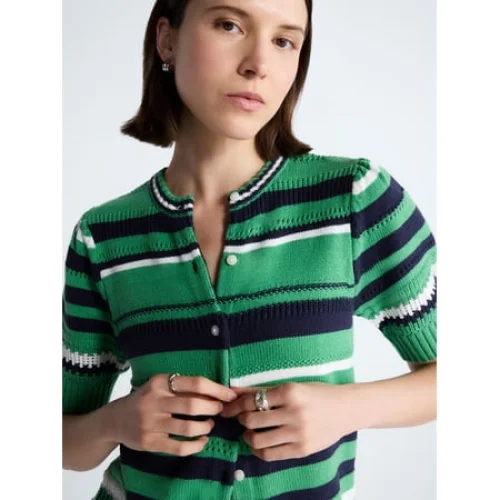 Free Assembly Women's Textured Stripe Cardigan Sweater with Short Puff Sleeves, Lightweight, Sizes XS-XXL