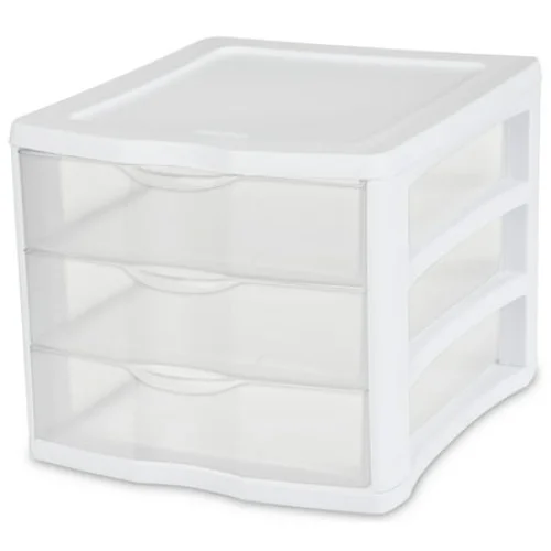 Sterilite 3 Drawer Unit, Countertop Organizer, Clear Storage Solution for Desks, Countertops, and Shelves, White