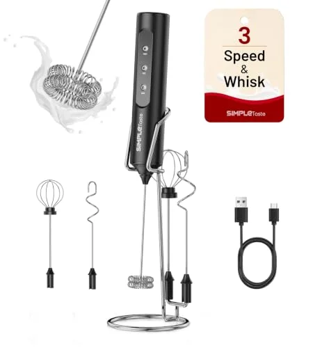 SIMPLETASTE Rechargeable Handheld Milk Frother Wand with Stand