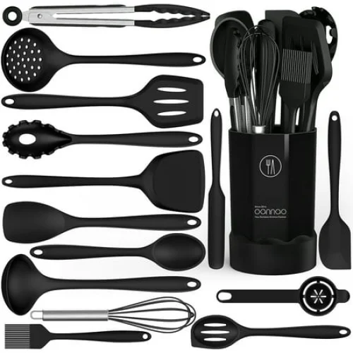 Black Silicone Cooking Utensils Set - 446&deg;F Heat Resistant Kitchen Utensils,Turner Tongs,Spatula,Spoon,Brush,Whisk,Kitchen Utensil Gadgets Tools Set for Nonstick Cookware,Dishwasher Safe (BPA Free)