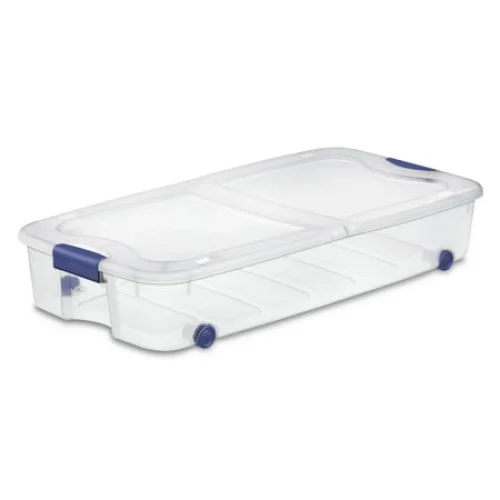 Sterilite 66 Quart Latching Underbed Wheeled Storage Bin, Clear Plastic Storage Container with Latch Lid, Blue