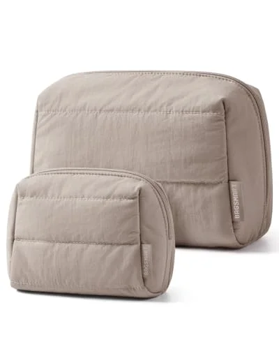 BAGSMART Puffy Padded Travel Makeup Bag Duo Large & Small for Women, Camel