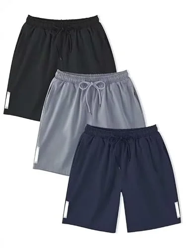 3 Pack Boys Athletic Shorts, Quick-Dry Zip Pockets & Reflective Stripe