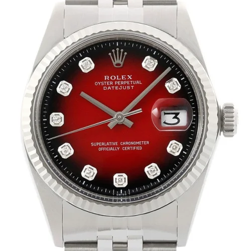 Rolex Datejust 18K Gold & SS Red Vignette Diamond Dial Jubilee Band Watch 1601