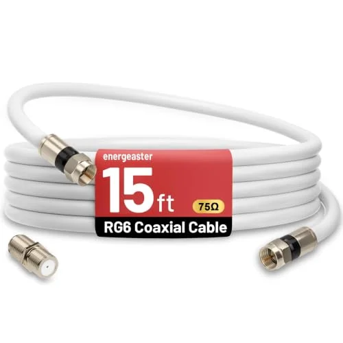 energeaster 15FT RG6 Coaxial Cable with F-Type Connector, White Coax Cable