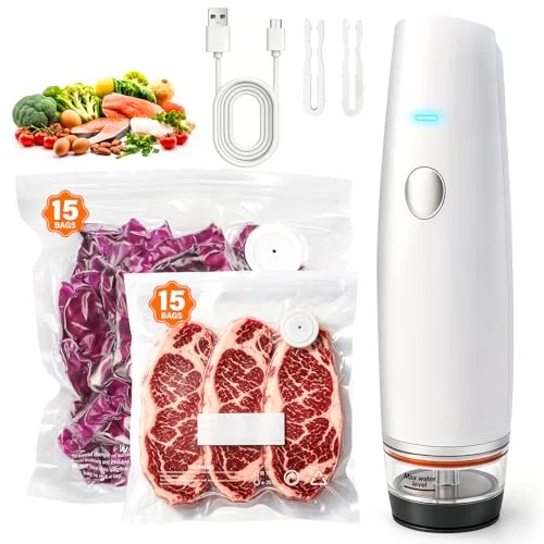 -80kPa Compact Vacuum Sealer for Food (Vacuum Sealer Machine + 30 Reusable Bags), Cordless Handheld Vacuum Sealer Machine Portable Mini Food Sealer for Sous Vide & Meal Prep-White