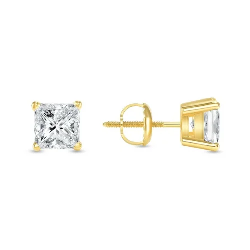 2 Ct F/VS Princess Lab Created Grown Diamond Real 14K Yellow Gold Stud Earrings