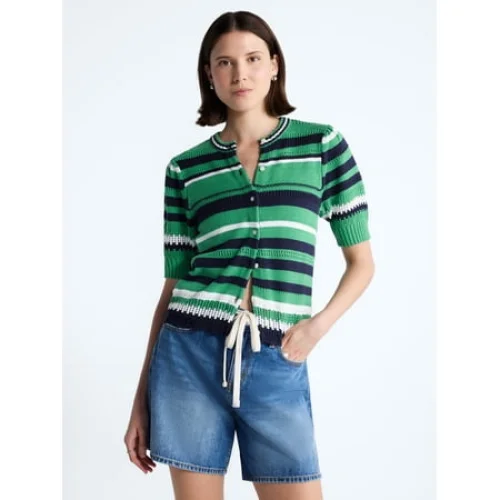 Free Assembly Women's Textured Stripe Cardigan Sweater with Short Puff Sleeves, Lightweight, Sizes XS-XXL