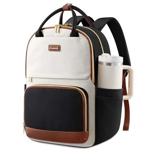 LOVEVOOK Laptop Backpack for Women with Giant Tumbler Holder Pocket, 15.6 inch Travel Work Backpack Purse for Teacher Nurse, Waterproof College Book Bag Cute Casual Daypack, Beige-Black-Brown