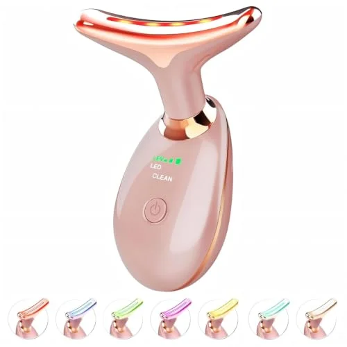 Jobazok Red Light Therapy for Face and Neck, 7 Color Light Based Face Massager Tool, Portable Skin Care Tool for Firming, Tightening and Lifting, Gifts for Women & Men (Rose Gold)
