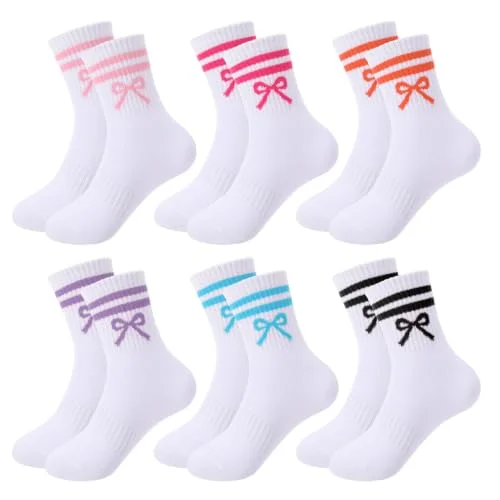 scenicamp 6 Pack Kids Athletic Crew Socks Girls 9-12 Years Colorful Bows