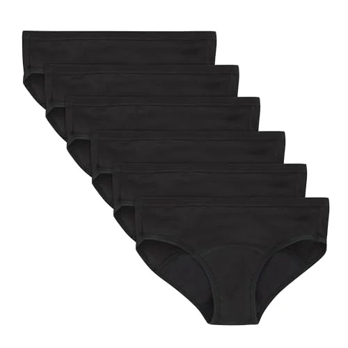 Hanes Girls' Big Underwear, Comfort, Period. Panties, Moderate Protection, 6-Pack, Hipster-Black-6 Pack